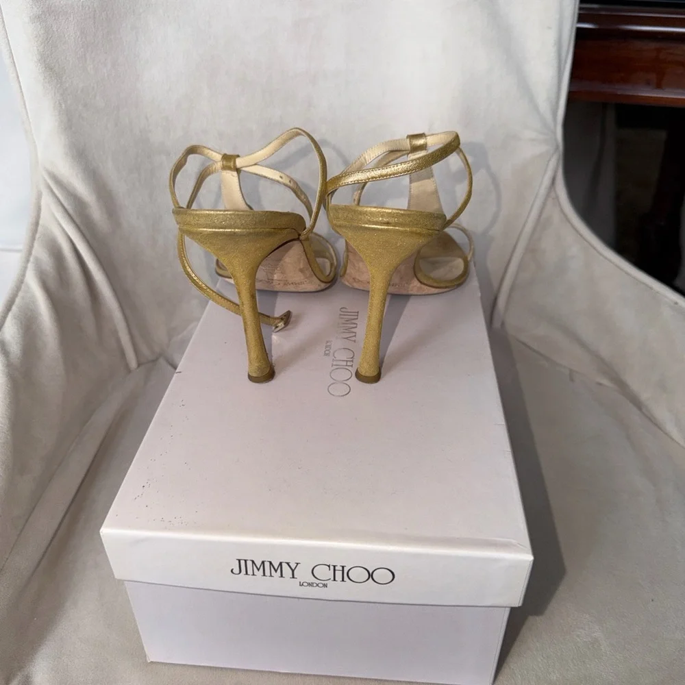 JIMMY CHOO Metallic Gold Strappy Stiletto Sandals with Green accents. Size 8.5